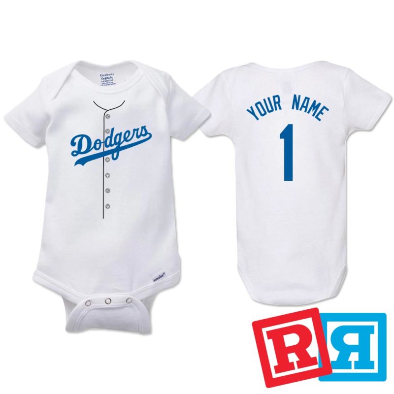 Personalized Los Angeles Dodgers Baseball Jersey Onesie Gerber organic cotton short sleeve white