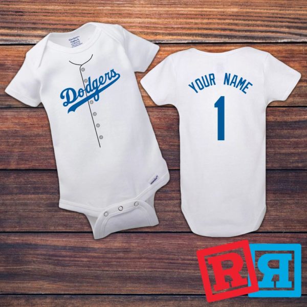 Personalized Los Angeles Dodgers Baseball Jersey Onesie Gerber organic cotton short sleeve white