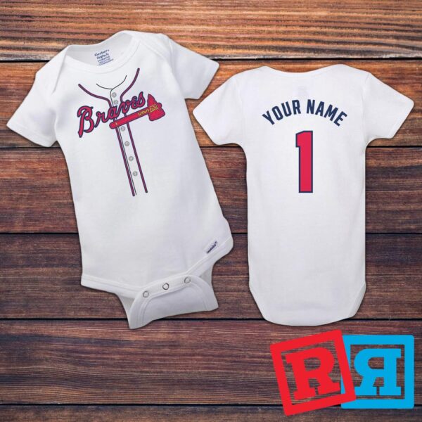 Personalized Atlanta Braves Baseball Jersey Onesie Gerber organic cotton short sleeve white