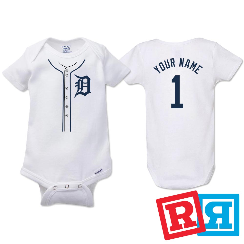 Personalized Detroit Tigers Baseball Jersey Onesie Gerber organic cotton short sleeve white